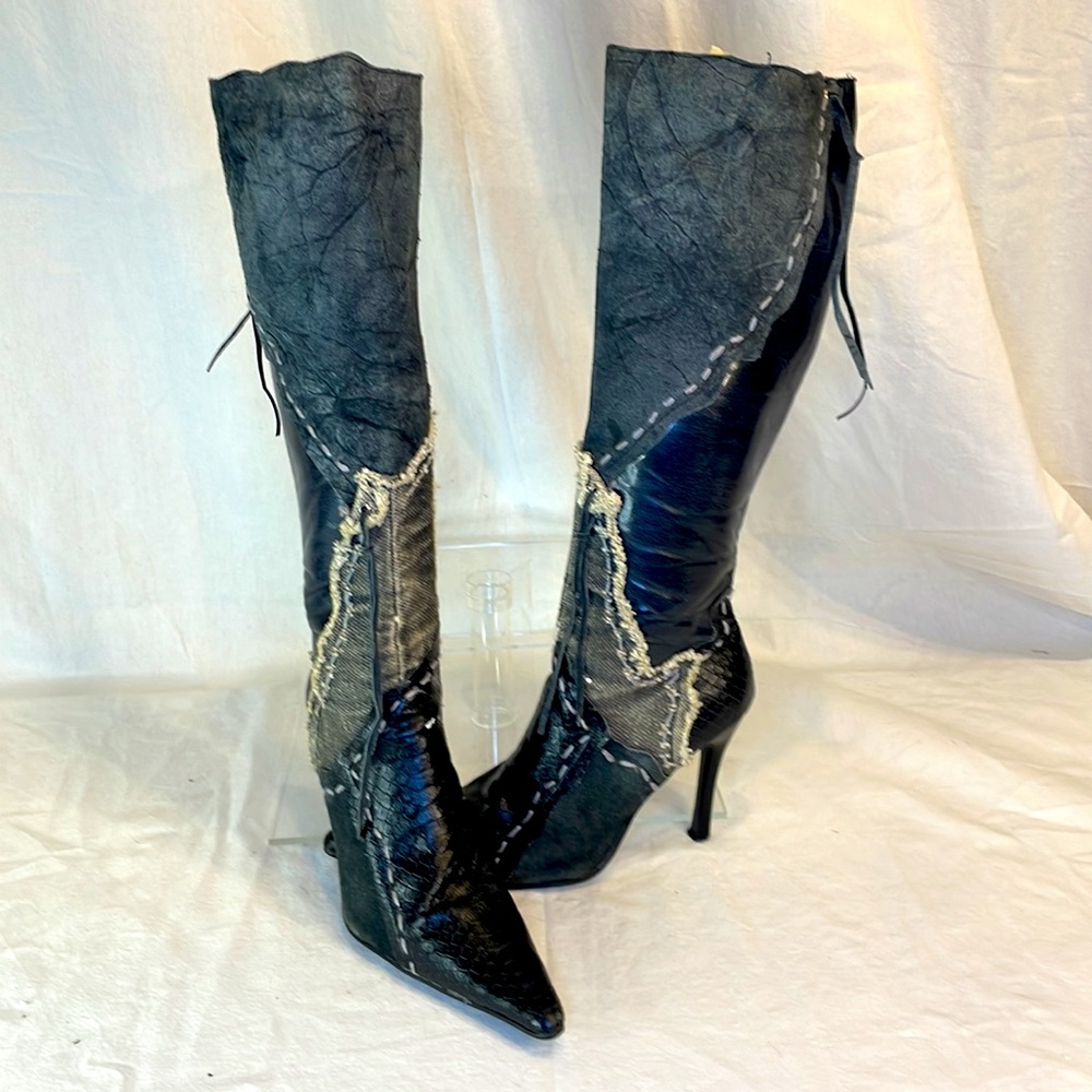 Country Rock n Roll Denim Leather Alligator Calf High Heel Boot Size 9.5 Sexy